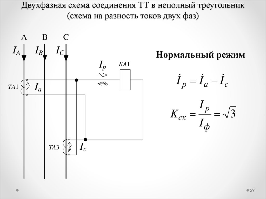 Двухфазная схема соединения ТТ в неполный треугольник (схема на разность токов двух фаз)