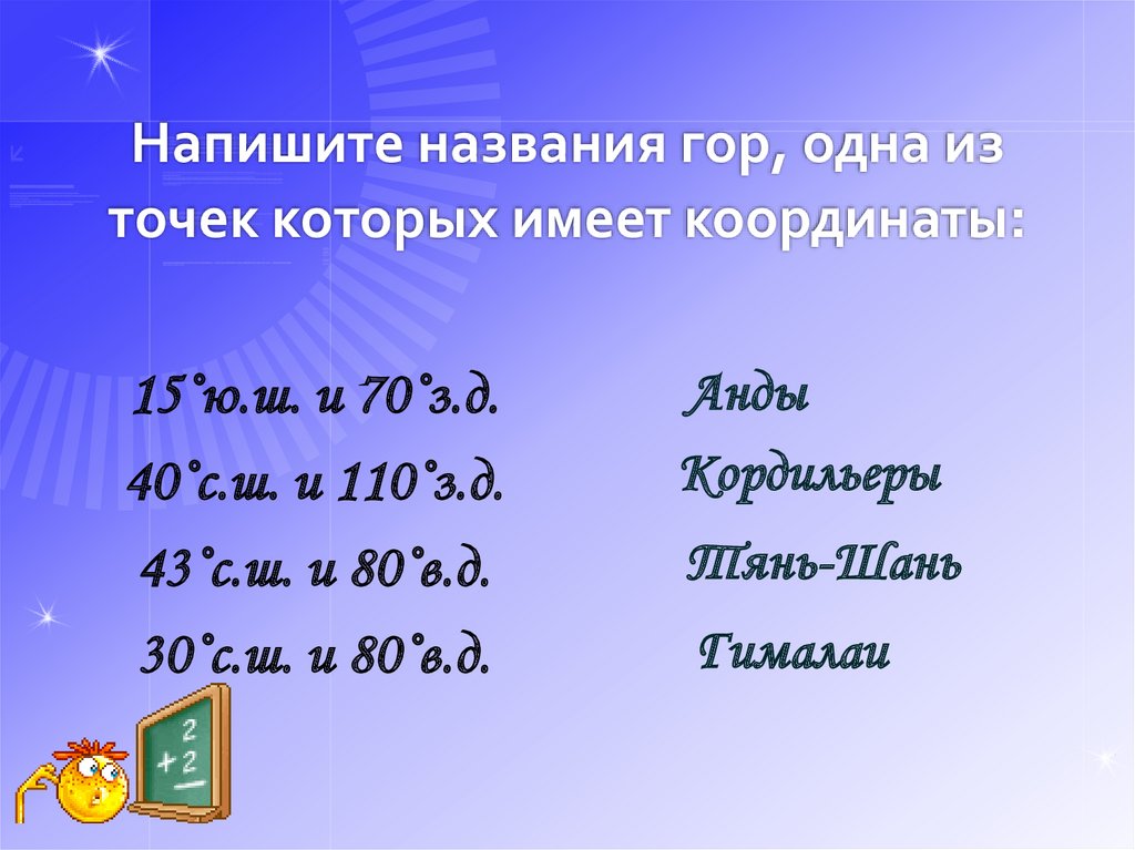 Какая горная вершина имеет географические координаты. Географические координаты горы. Географические координаты Анды. Горы Анды географические координаты широта и долгота. Координаты гор Анды.