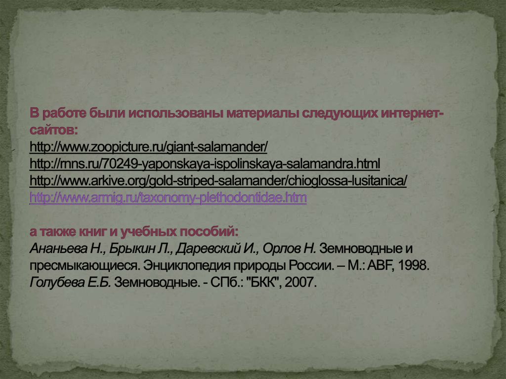 В работе были использованы материалы следующих интернет-сайтов: http://www.zoopicture.ru/giant-salamander/