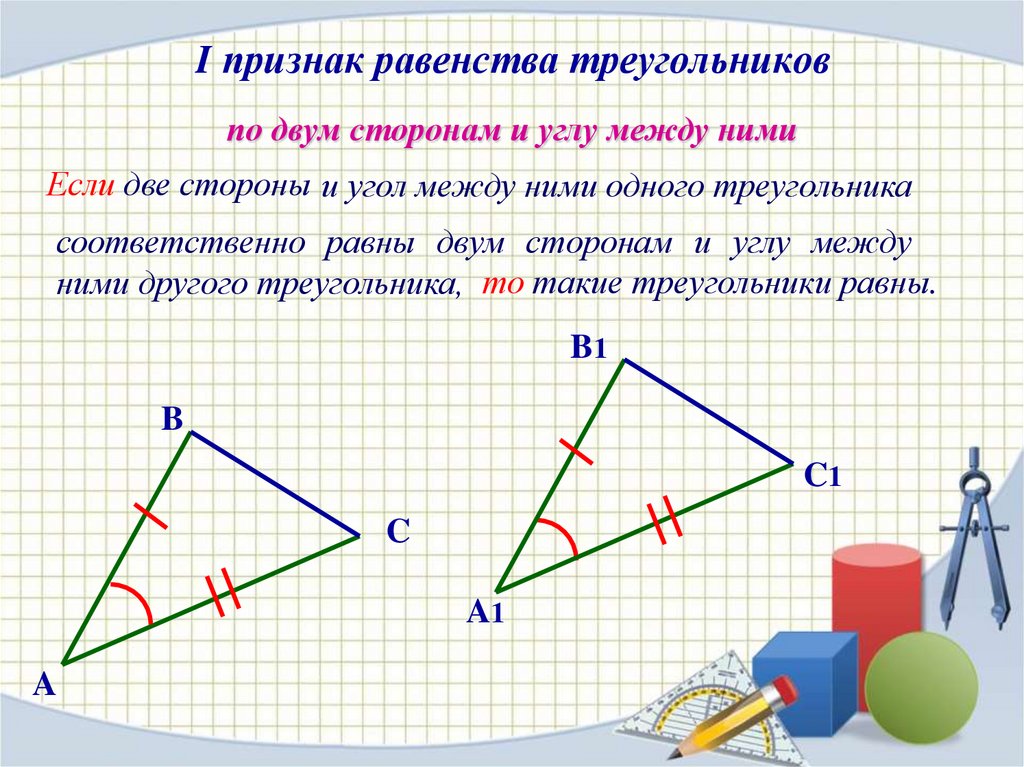 Рисунок 1 признака равенства треугольников. Признаки равенства треугольников первый признак. Геометрия тема первый признак равенства треугольников. Признак первого равенства треугольников. Первый признак равенства треугольников 7 класс.