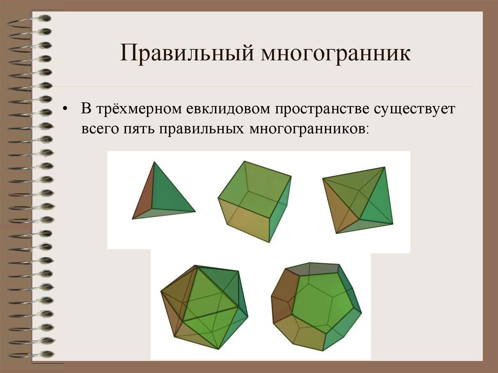 Прямой многогранник. Правильные многогранники. Пять правильных многогранников. Пространственные многогранники. Многогранник в трехмерном пространстве.