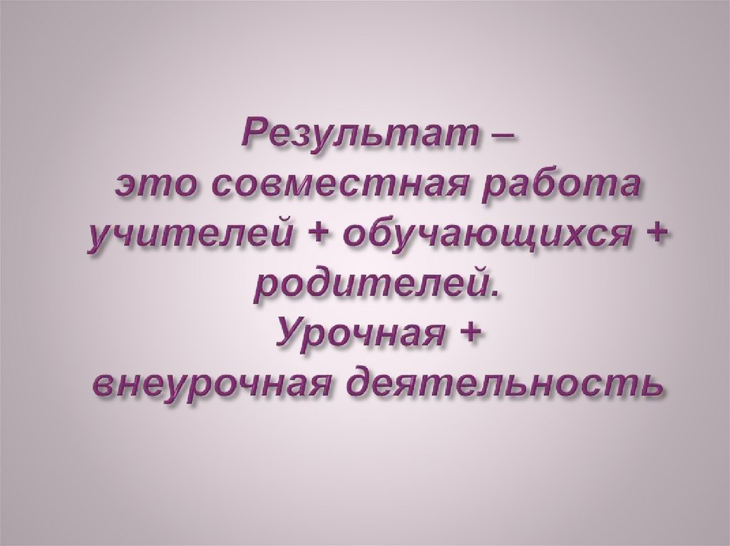 Результат – это совместная работа учителей + обучающихся + родителей. Урочная + внеурочная деятельность