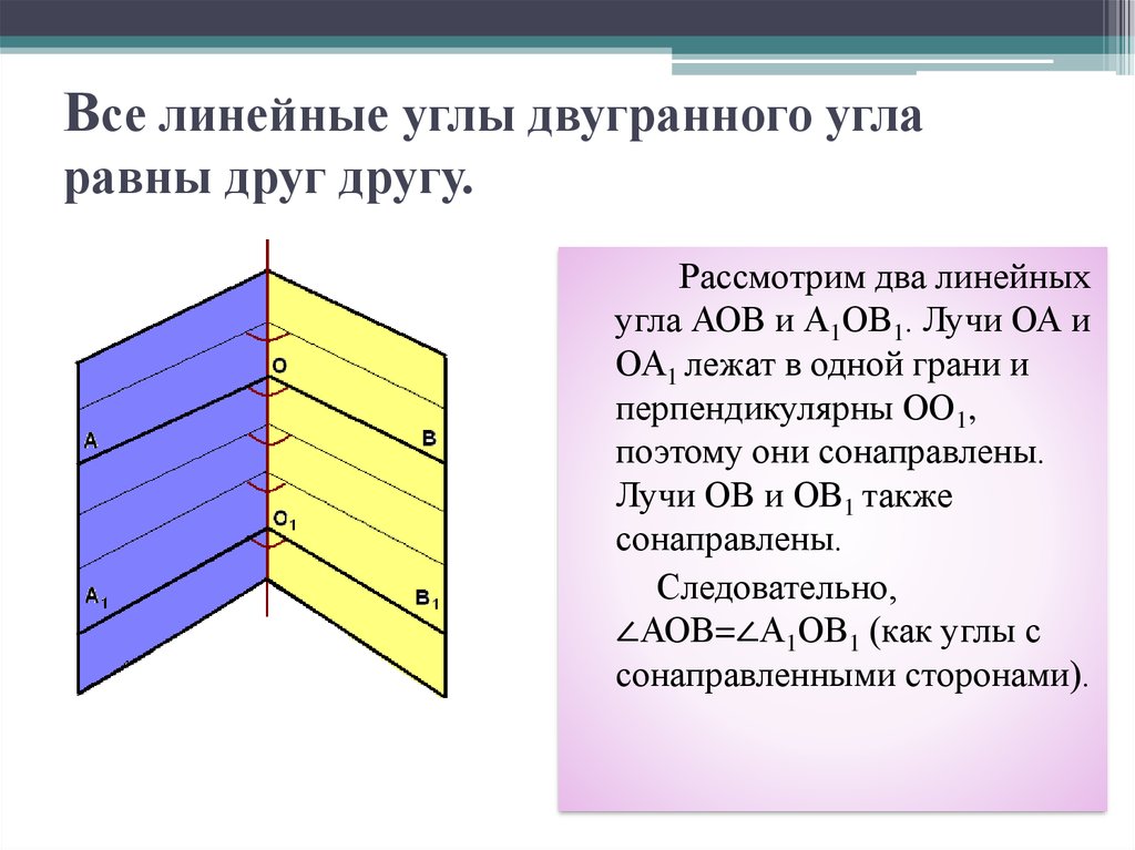 Ребро двугранного угла. Все линейные углы двугранного угла равны. Линейные углы двугранного угла равны друг другу. Линейные углы двугранного угла равны. Доказательство линейного угла двугранного угла.