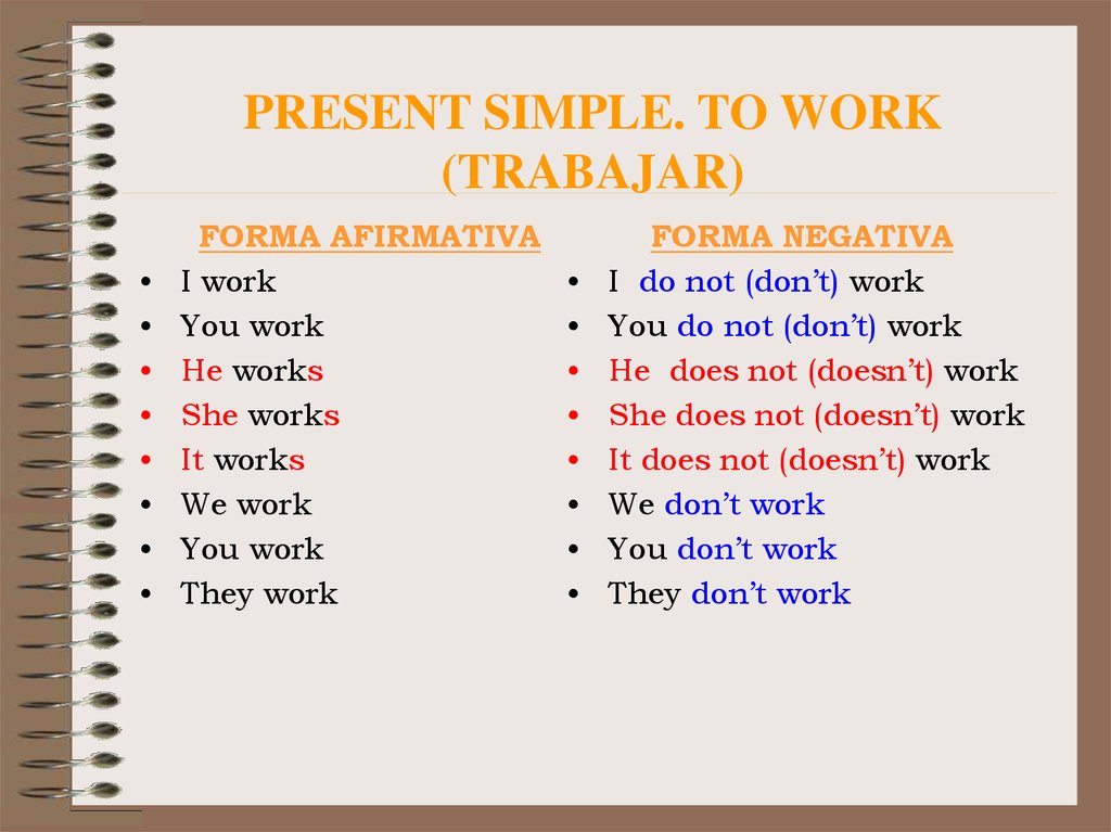 PRESENT SIMPLE. TO WORK (TRABAJAR)