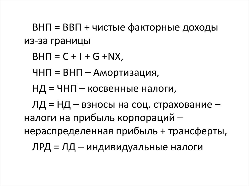 Чистый национальный продукт равен. ВВП = ВНП - чистые факторные доходы из-за рубежа. ВНП = C + I + G + NX. ЧДИФ.