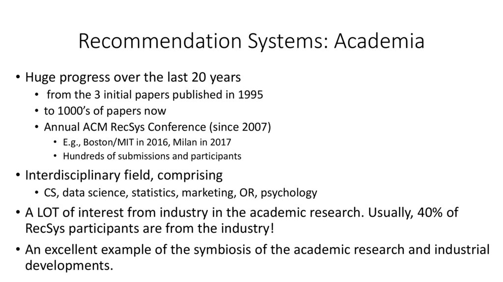 Recommendation Systems: Academia