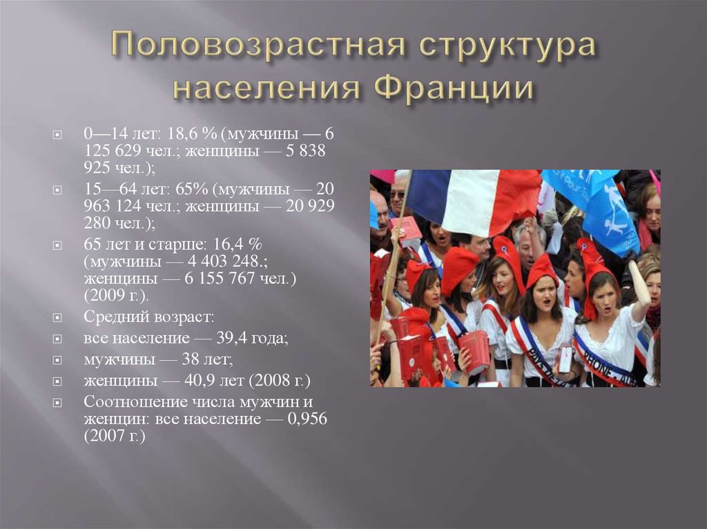 Описание населения страны. Численность населения Франции. Структура населения Франции. Половозрастной состав населения Франции.