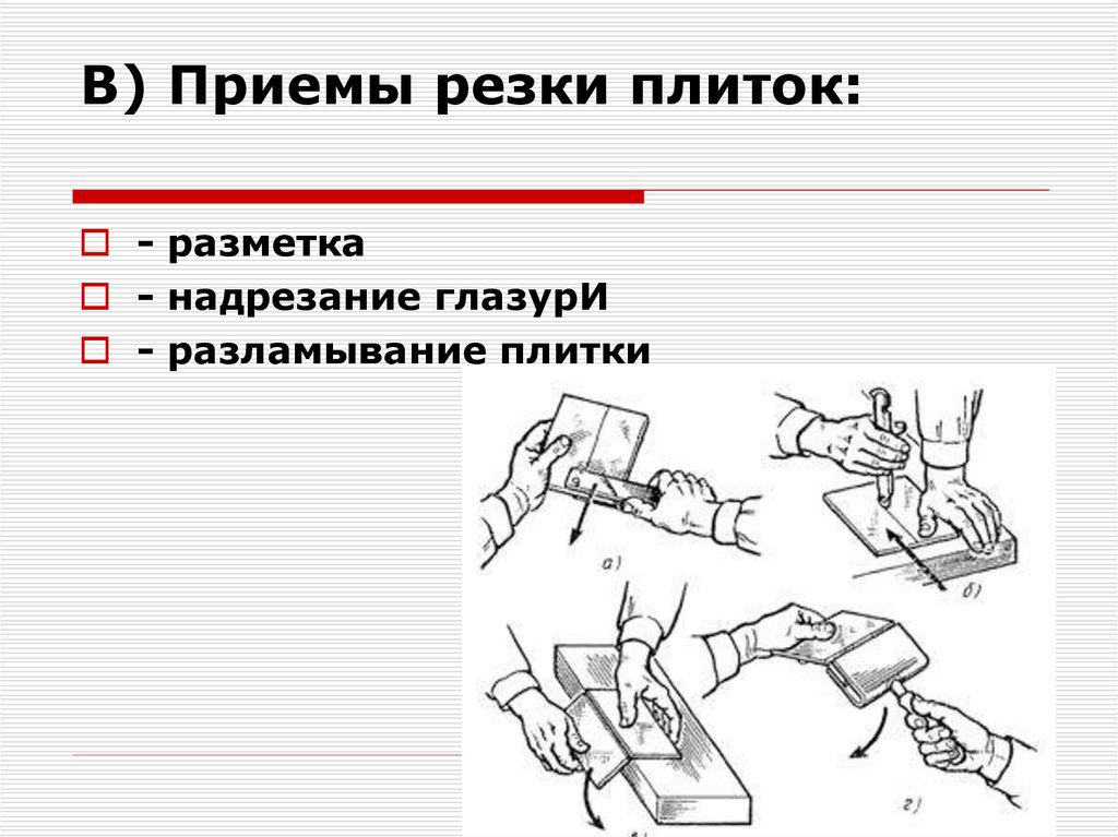 Приемы резки. Приёмы резки плитки кратко.