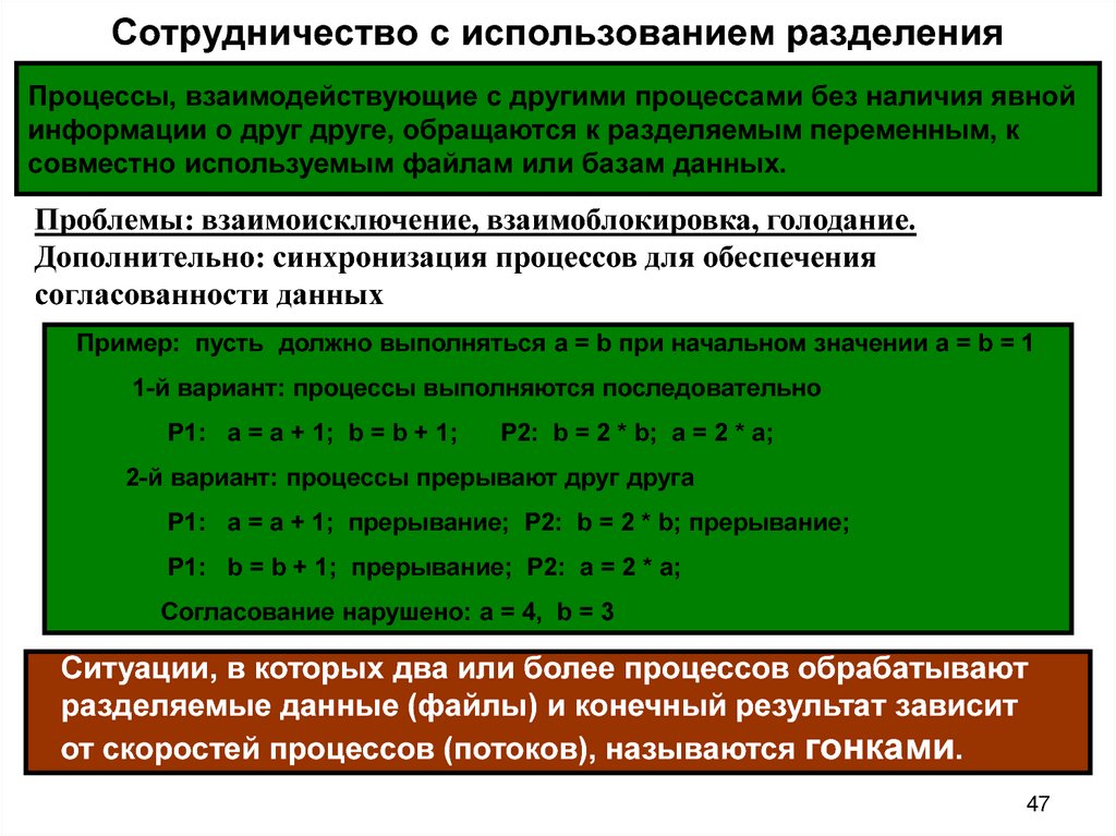 Процесс разделения. Разделение процессов. Методы взаимоисключений процессов и потоков. Особенности процедуры разделения. При применении разбивки процесса.