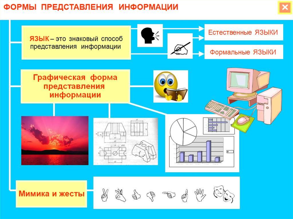 Форма представления информации в виде речи текста изображения цифровых данных графиков таблиц и т п