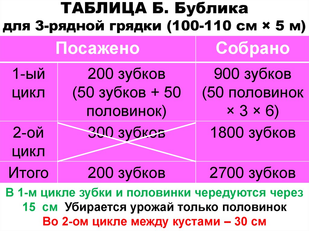 ТАБЛИЦА Б. Бублика для 3-рядной грядки (100-110 см × 5 м)