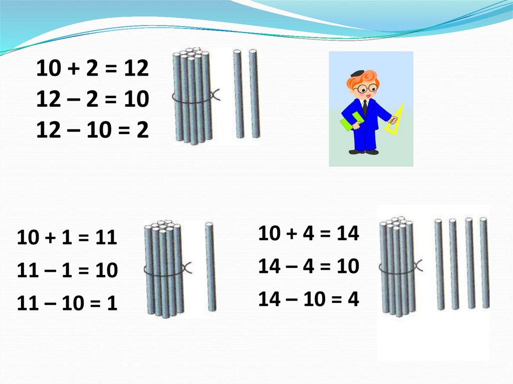 Урок по теме десяток. Сложение и вычитание. Случаи сложения и вычитания, основанные на знаниях нумерации.. Примеры 10+2 12-2 12-10. Сложение и вычитание чисел 1 класс.