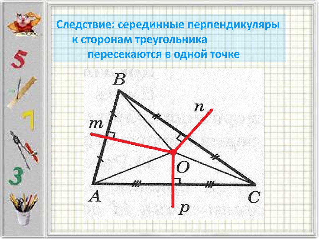 Известно что точка пересечения серединных перпендикуляров. Серединный перпендикуляр в треугольнике. Серединные перпендикуляры к сторонам треугольника. Серединные перпендикуляры к сторонам тре. Серединные перпендикуляры к сторонам треугольника ___ в одной точке..