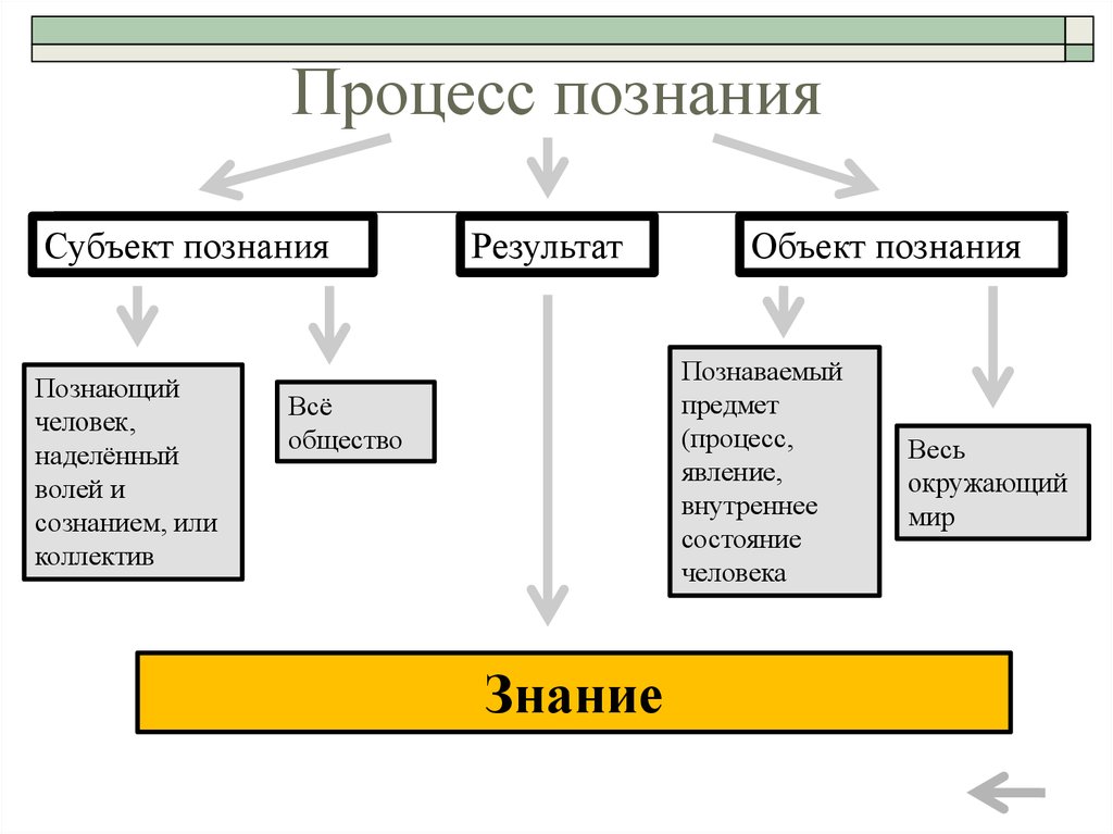 Познать предмет. Этапы процесса познания схема. Субъекты объекты и результат познания. Структура познания объект. Специфика процесса познания.