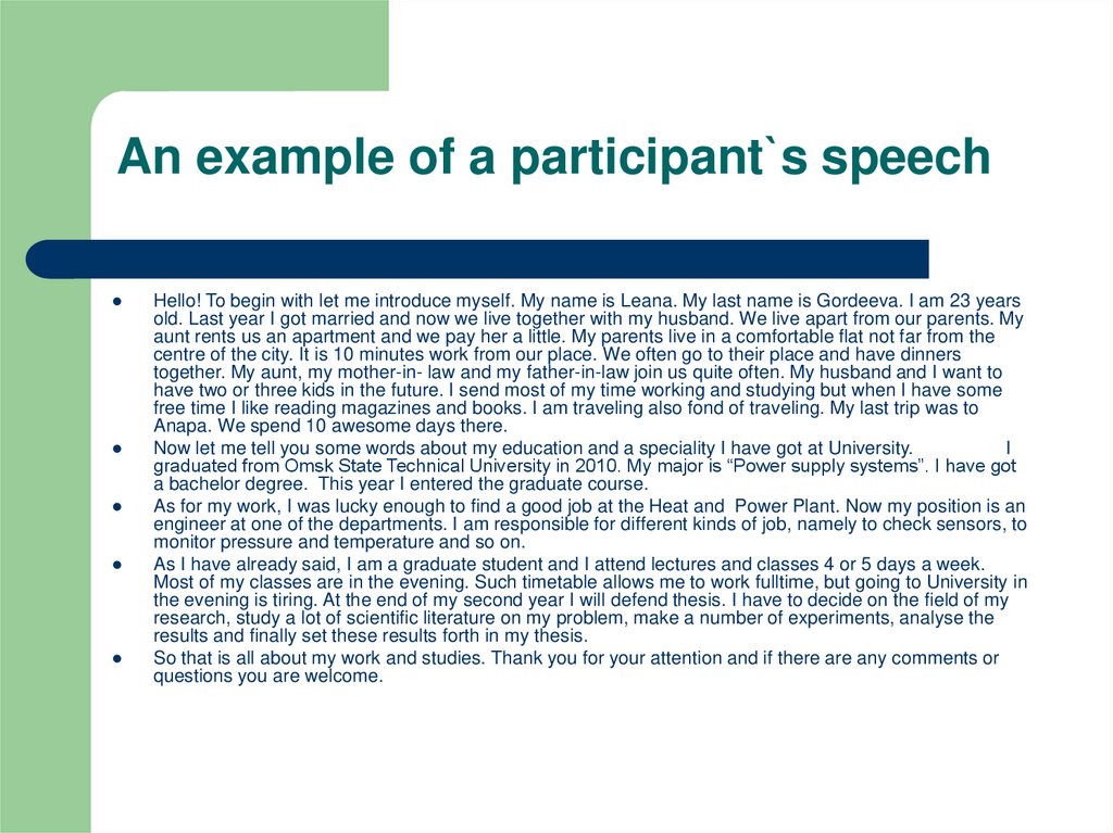 presentation of participants speech