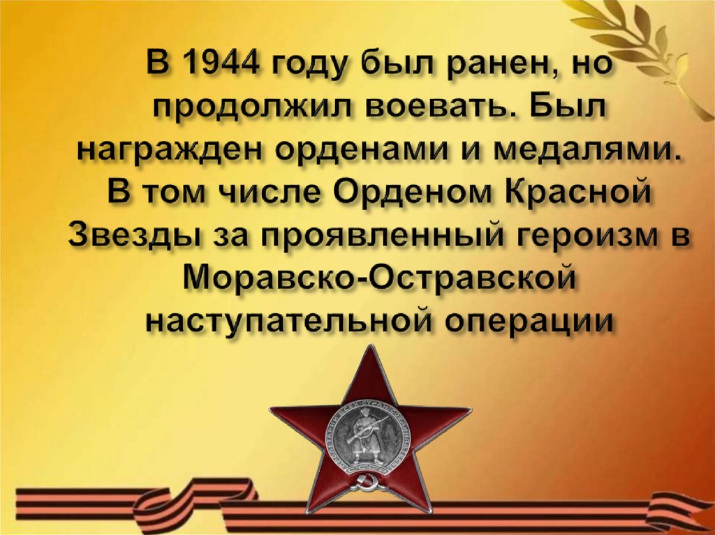 В 1944 году был ранен, но продолжил воевать. Был награжден орденами и медалями. В том числе Орденом Красной Звезды за