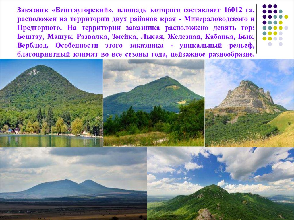 Заказник «Бештаугорский», площадь которого составляет 16012 га, расположен на территории двух районов края - Минераловодского и