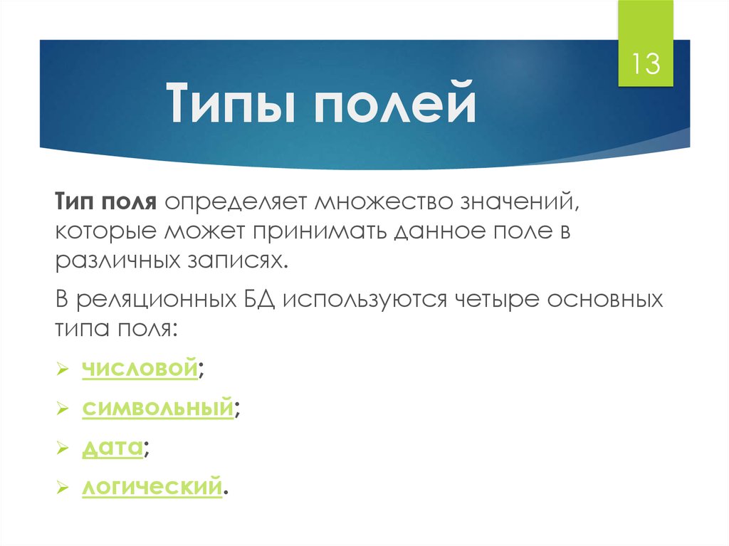 Символьный Тип поля. Определяет множество значений которые может принимать данное поле. Типы полей. Что определяет Тип поля.