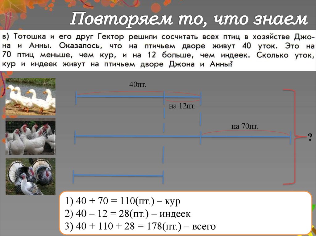 40 знаешь 40. Что такое пт в 1 классе. У хозяйки 5 курочек и 6 уток сколько всего птиц у хозяйки схема.