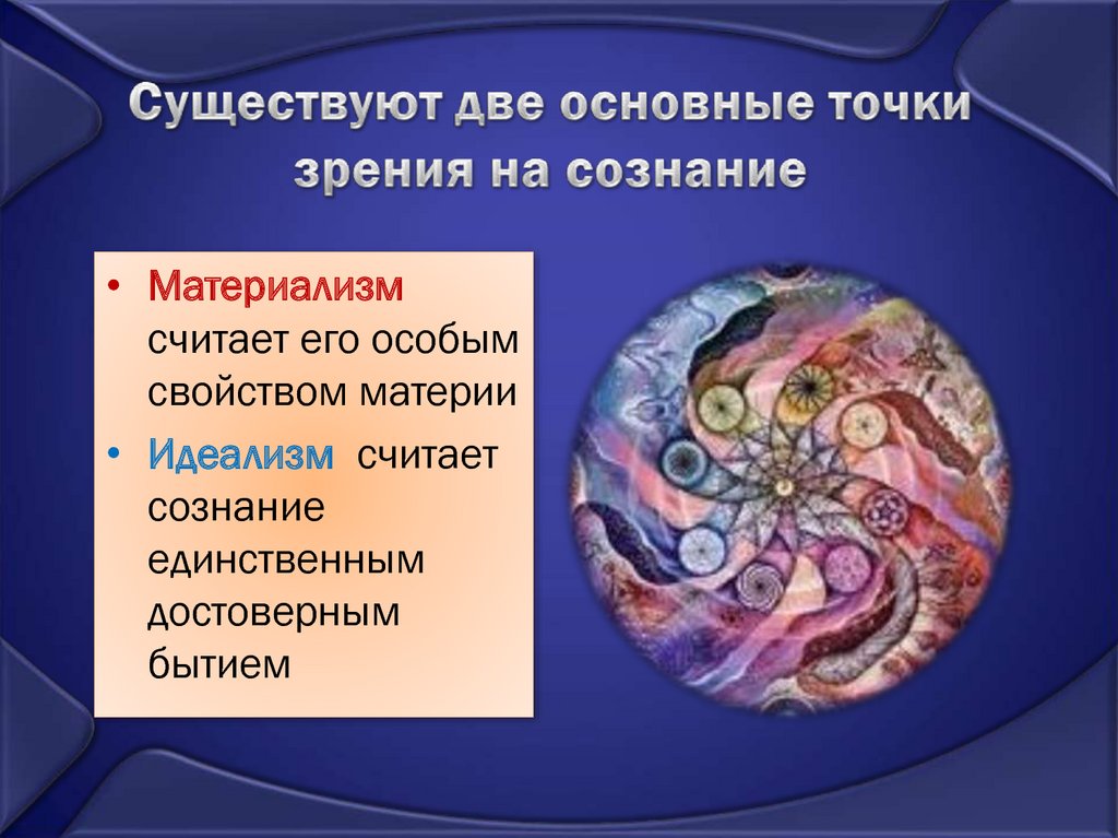 Идеализм сознание. Точки зрения на сознание. Существуют 2 основные точки зрения на сознание. Сознание с точки зрения идеализма. Существует две основные точки зрения на сознание:.