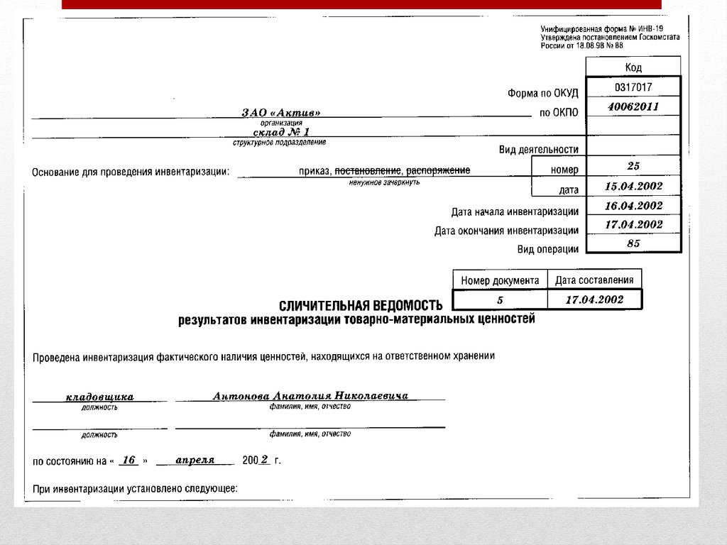 Сличительная ведомость результатов инвентаризации образец