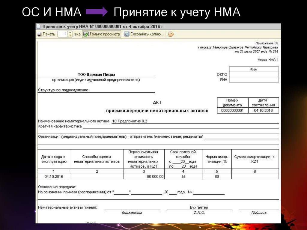 Акт приема передачи нематериальных активов образец заполнения