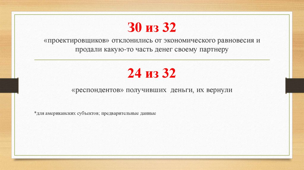 З0 из 32 «проектировщиков» отклонились от экономического равновесия и продали какую-то часть денег своему партнеру