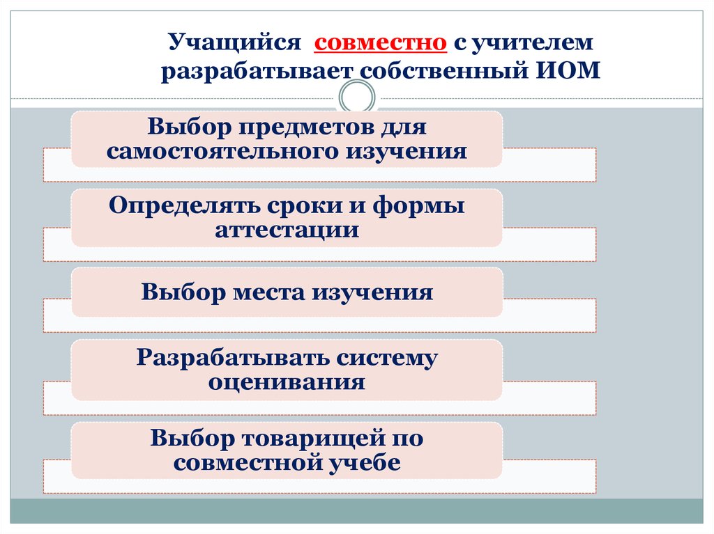 Учащийся совместно с учителем разрабатывает собственный ИОМ