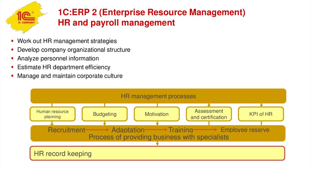 1C:ERP 2 (Enterprise Resource Management) HR and payroll management