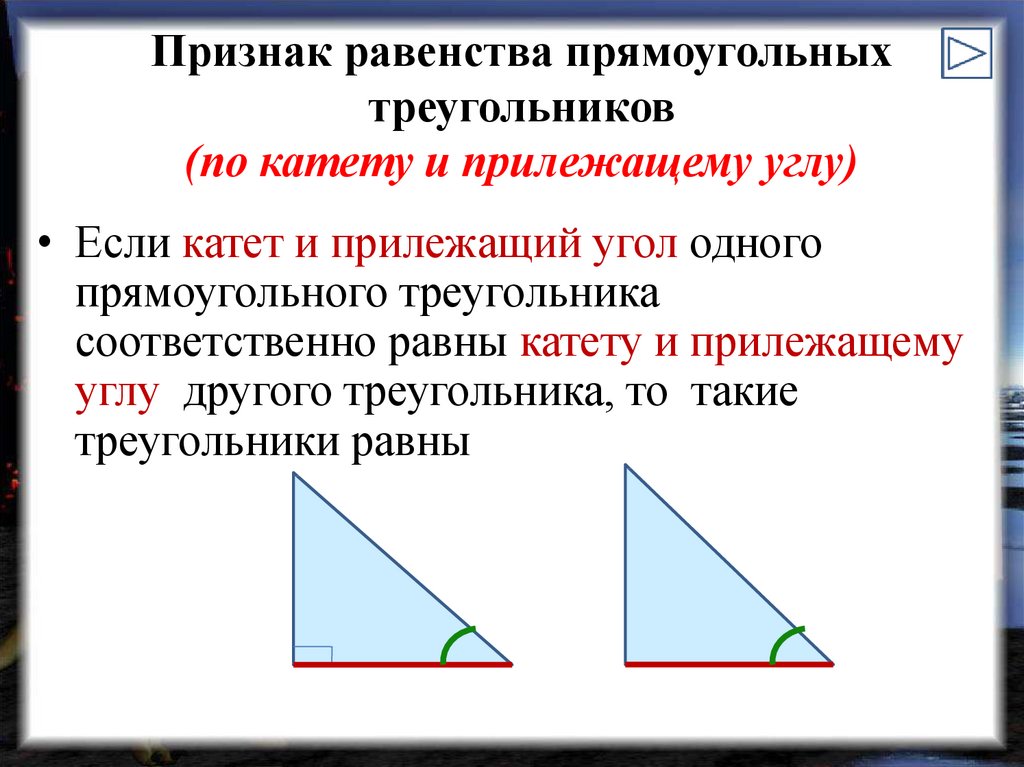 Прямоугольный треугольник пополам. Признак равенства треугольников по катету и острому углу. Признак равенства треугольников по катету углу. Признак равенства треугольника по катету и прилежащему углу. Признаки равенства прямоугольных треугольников.