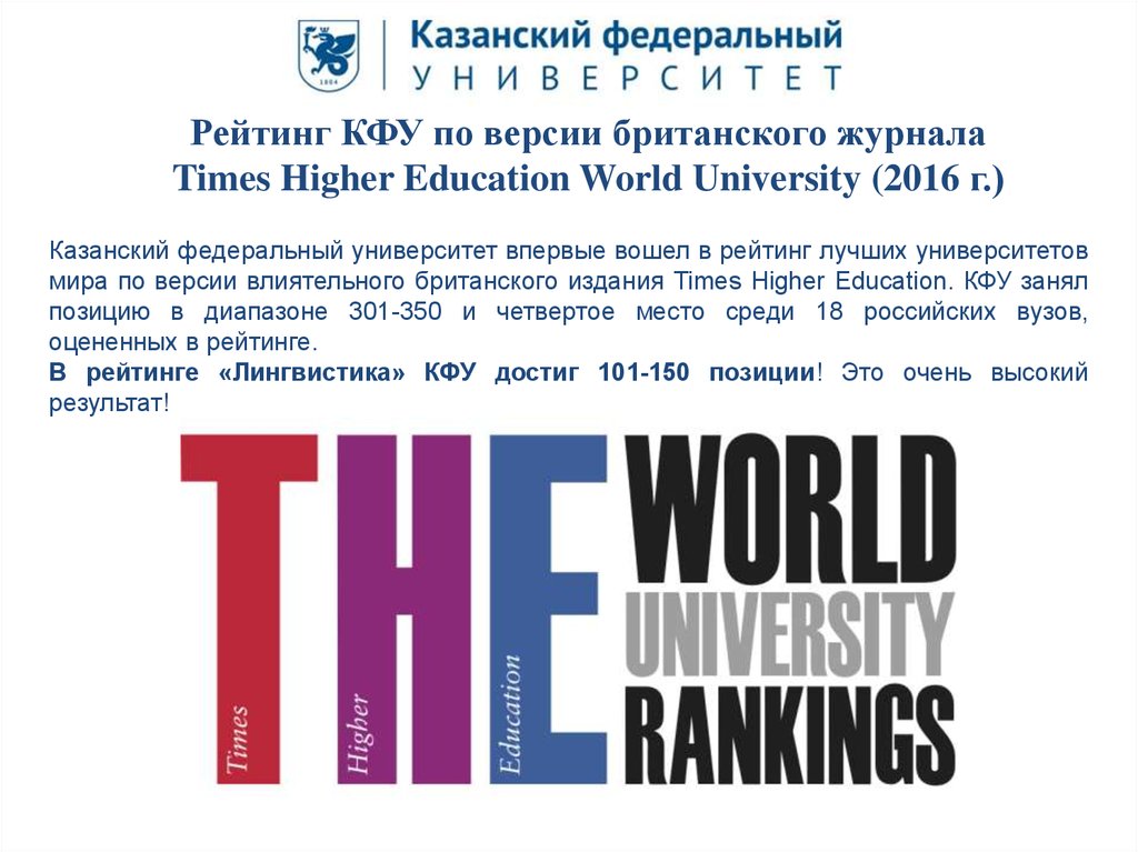 Рейтинг КФУ по версии британского журнала Times Higher Education World University (2016 г.)