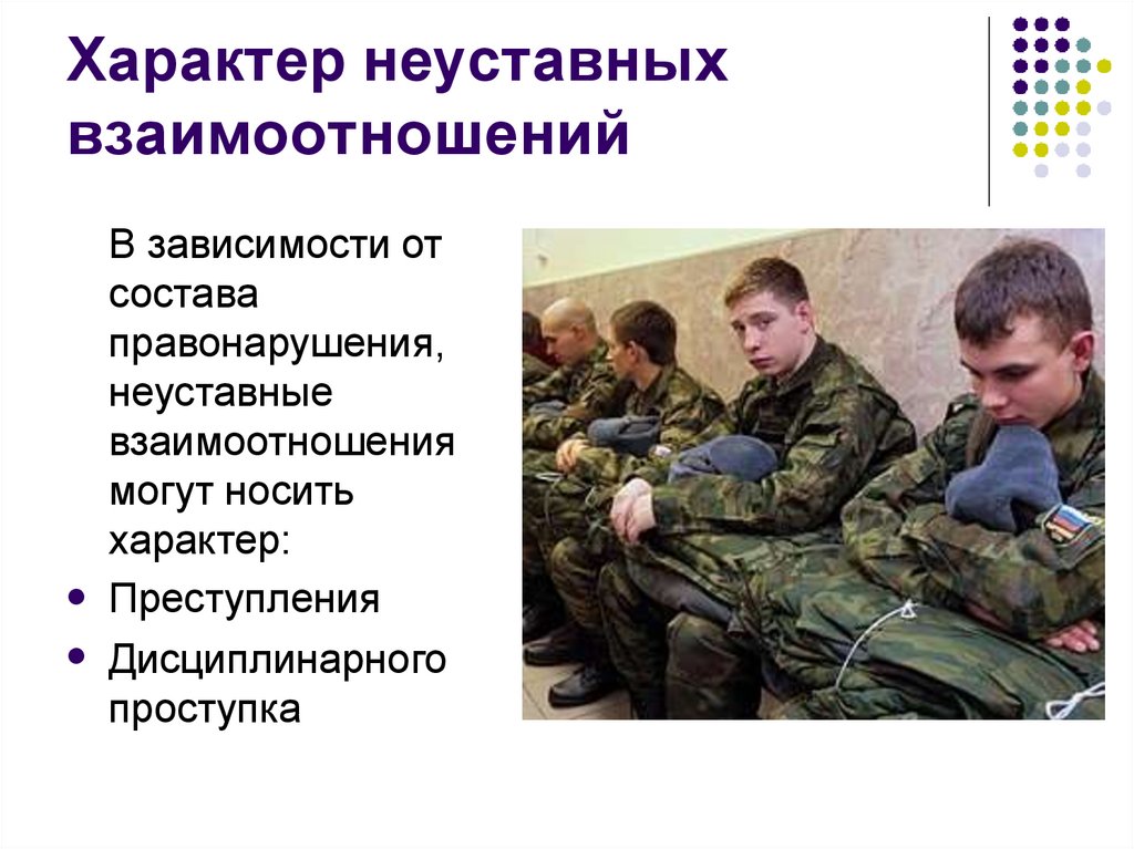 Взаимоотношения военнослужащих. Взаимоотношения в воинском коллективе. Профилактика неуставных взаимоотношений. Месячник сплочения воинских коллективов. Формы неуставных взаимоотношений.