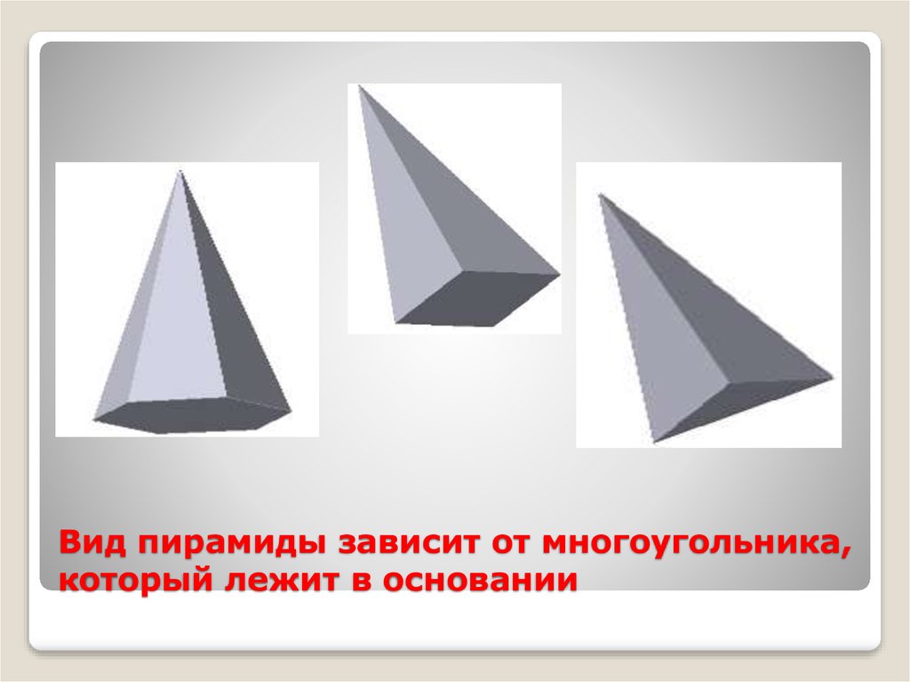 Основание геометрической фигуры. Виды пирамид. Пирамида вид сбоку. Вид пирамиды зависит от многоугольника,который лежит в основании. Пирамида вид снизу.