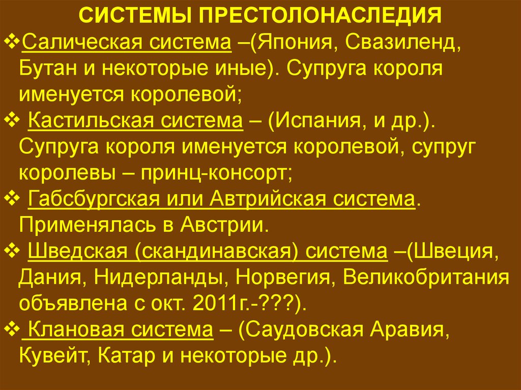 Система монархии. Системы наследования престола в монархиях. Системы престолонаследия. Кастильская система престолонаследия. Виды престолонаследия.