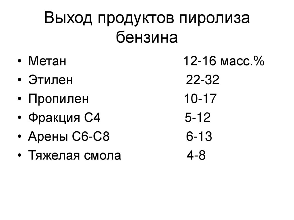 Выход вещества. Продукты пиролиза бензина. Материальный баланс процесса пиролиза. Пиролиз выход продуктов. Пиролиз метана продукты реакции.