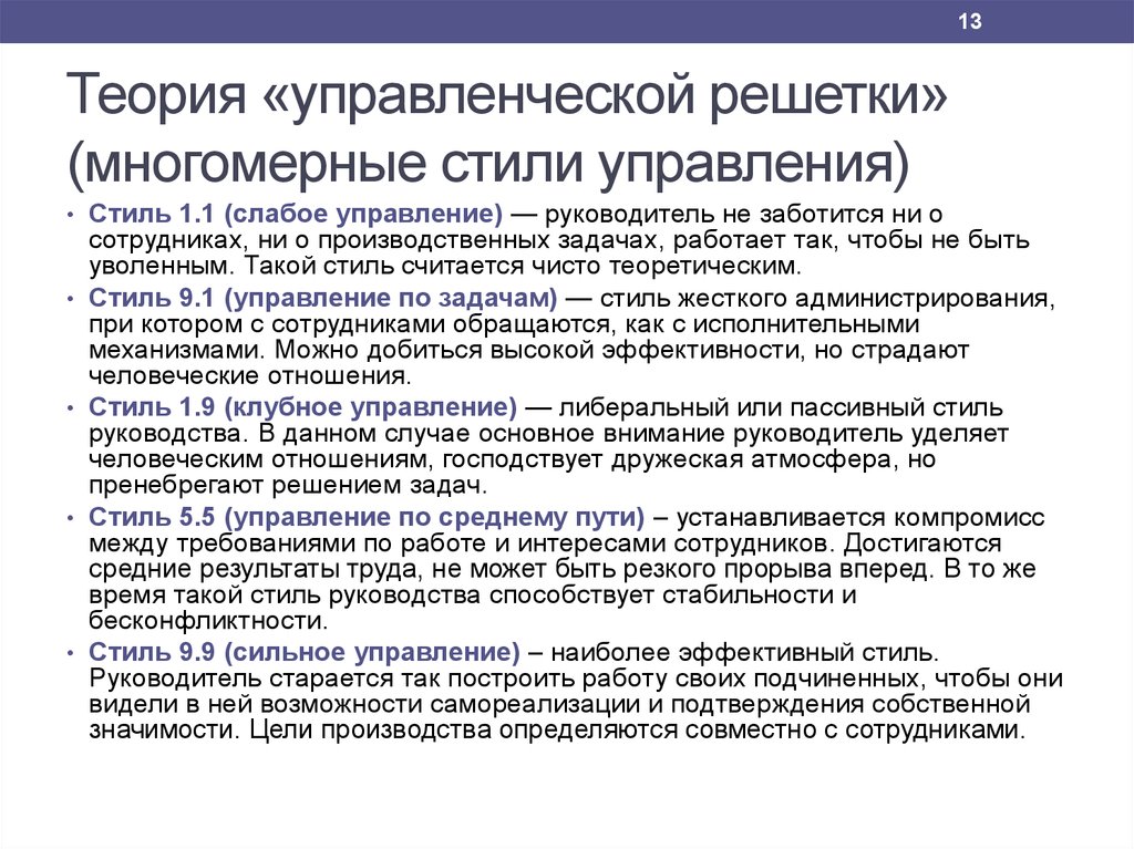 Теории руководителя. Стили руководства одномерные и многомерные. Многомерные стили управления. Одномерные модели стилей руководства. Теория управленческой решетки.