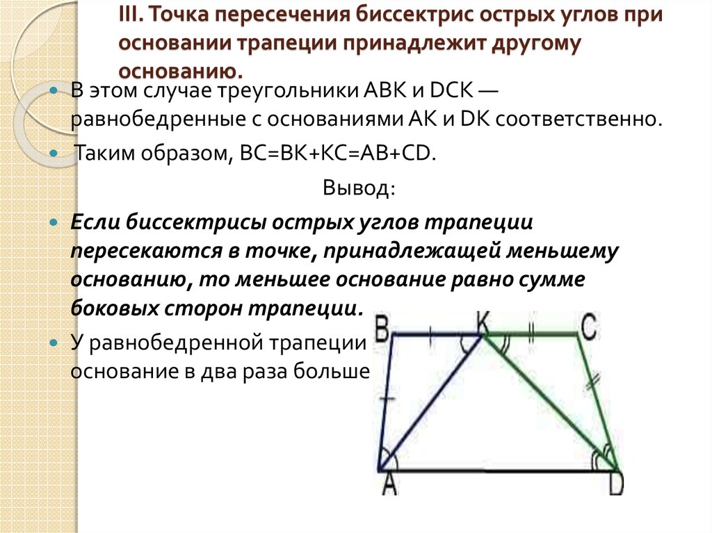 III. Точка пересечения биссектрис острых углов при основании трапеции принадлежит другому основанию.