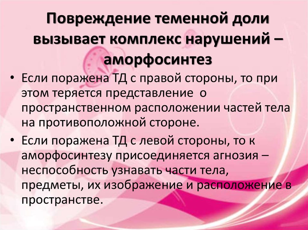 Повреждение теменной доли вызывает комплекс нарушений – аморфосинтез