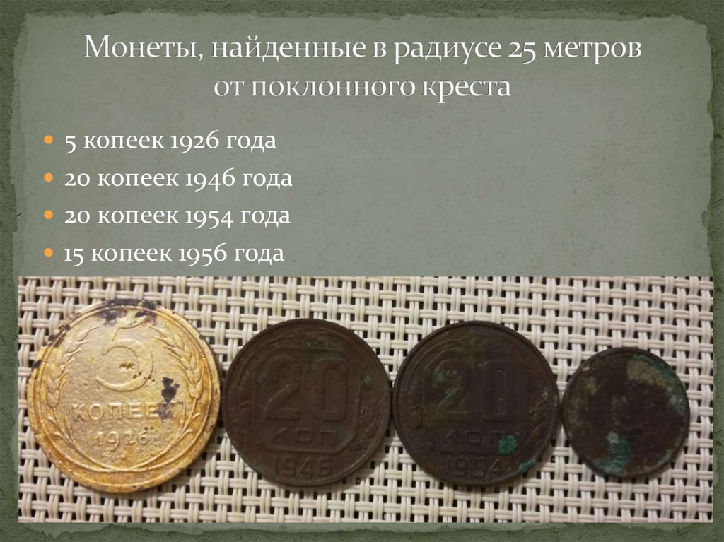 Монеты, найденные в радиусе 25 метров от поклонного креста