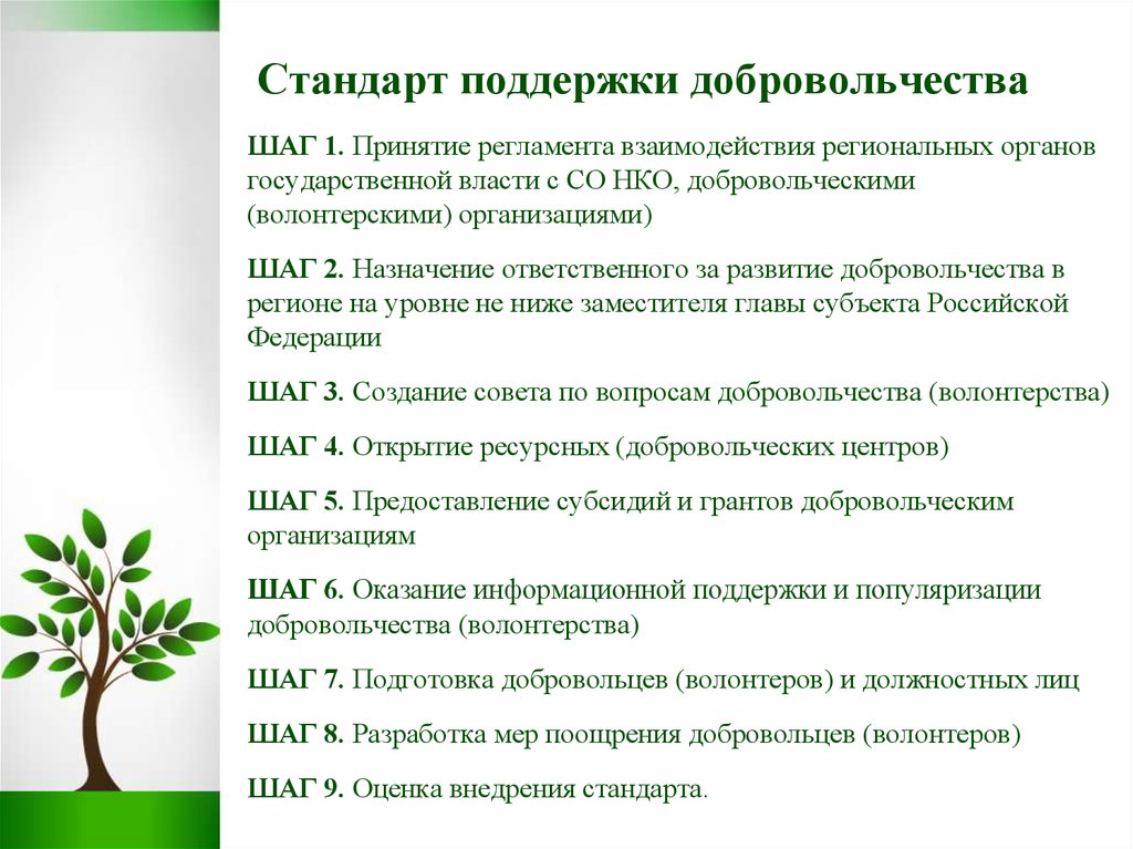 Поддерживающие стандарты. Формы государственной поддержки добровольчества. Концепция развития социального волонтерства. Планы развития добровольчества. Меры поддержки волонтерства.