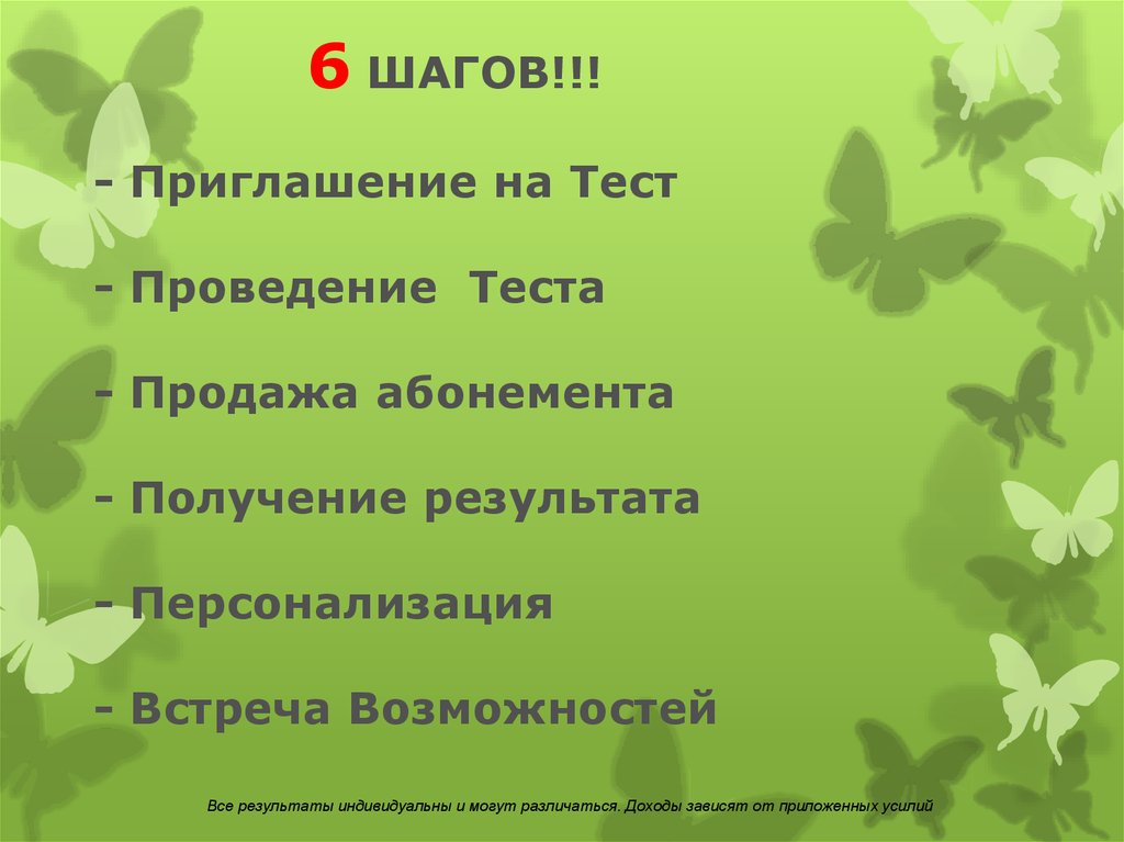 6 ШАГОВ!!! - Приглашение на Тест - Проведение Теста - Продажа абонемента - Получение результата - Персонализация - Встреча