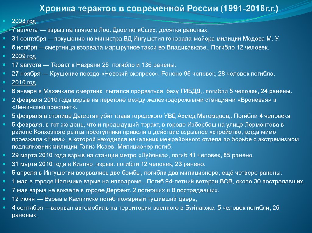 Хроника терактов в современной России (1991-2016г.г.)