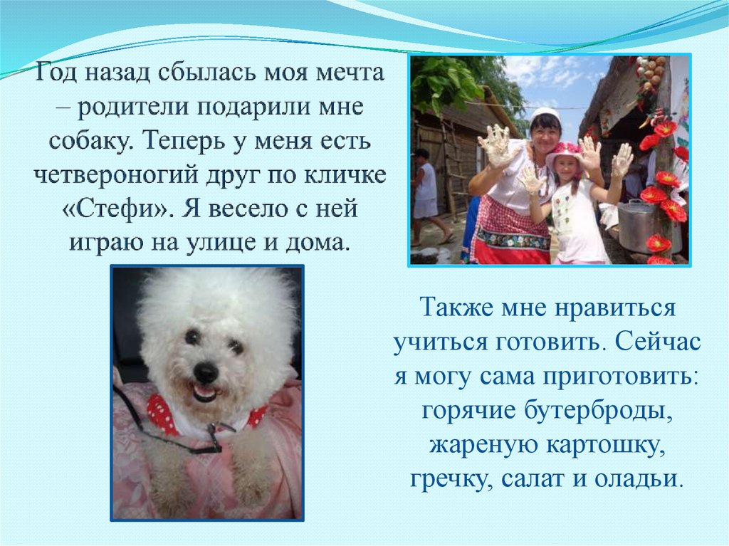 Год назад сбылась моя мечта – родители подарили мне собаку. Теперь у меня есть четвероногий друг по кличке «Стефи». Я весело с