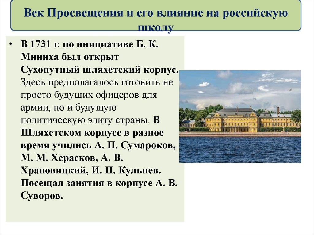 Образование 18 века в россии сообщение. Б. К. Миниха был открыт сухопутный шляхетский корпус.. Век Просвещения и его влияние на российскую школу. Здание шляхетского корпуса. Сухопутный шляхетский корпус.