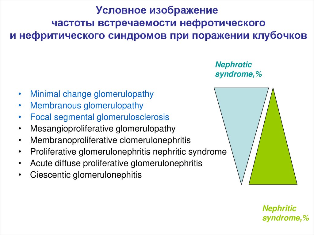 Условное изображение частоты встречаемости нефротического и нефритического синдромов при поражении клубочков