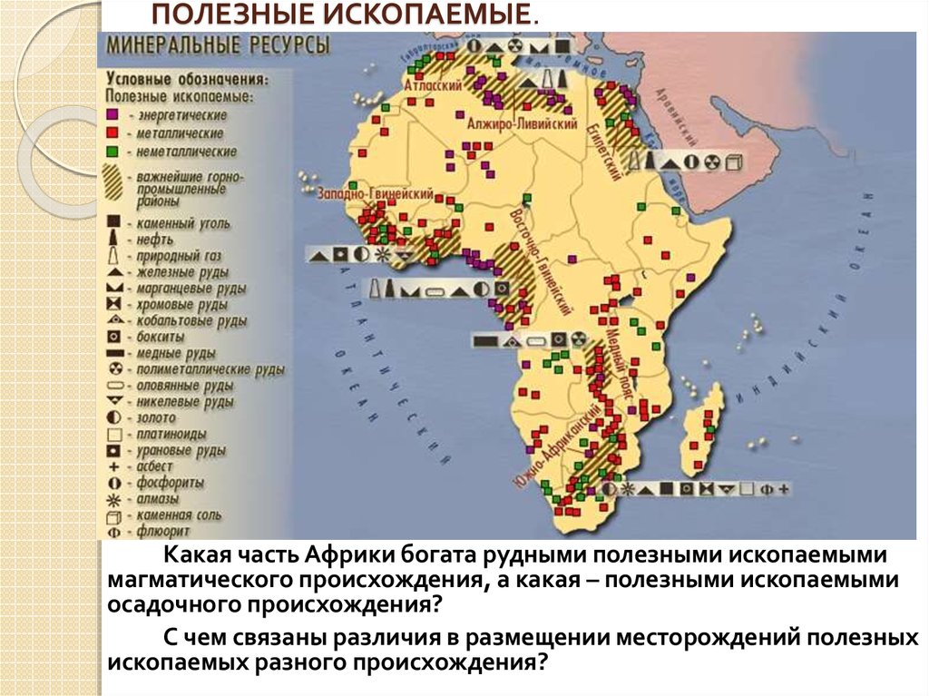 Ископаемые восточной африки. Минеральные ресурсы Африки карта. Природные ресурсы Африки карта. Африка месторождения полезных ископаемых карта. Крупнейшие месторождения полезных ископаемых в Африке.