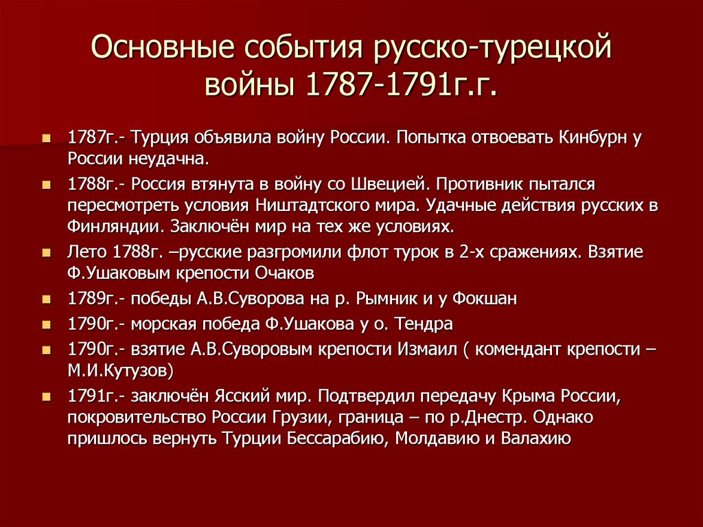 Список русско турецких войн таблица. Основные даты русско турецкой войны 1787-1791.