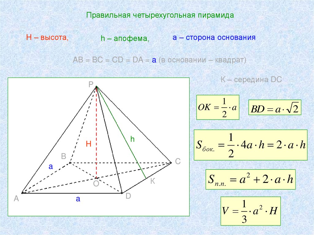 Длина стороны основания пирамиды. Высота правильной четырехугольной пирамиды. Высота правильной четырехугольной пирамиды формула. Объём правильной четырёхугольной пирамиды через апофему. Апофема пирамиды формула.