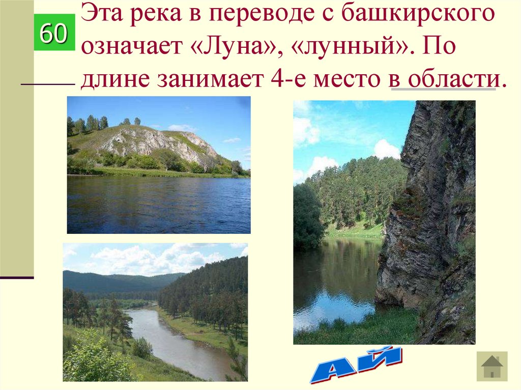 Эта река в переводе с башкирского означает «Луна», «лунный». По длине занимает 4-е место в области.