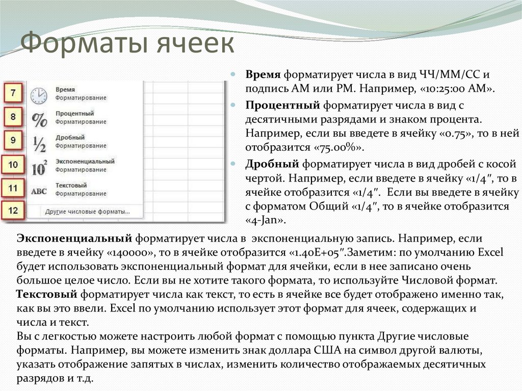 Формат ячеек. Виды ячеек в excel. Формат ячеек вид. Примеры форматов ячеек.